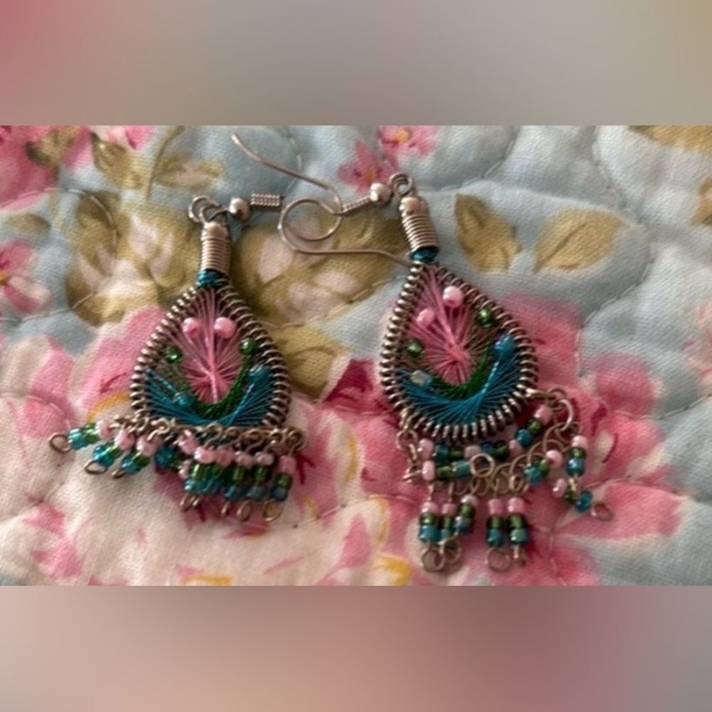 Colorful Bohemian Earrings beaded crystal accents! Dangle!